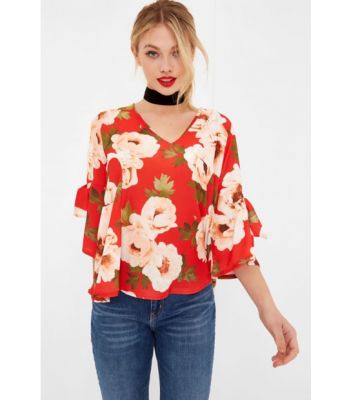 Bluzka Girls On Film Red Floral Print Tie Sleeve Blouse za £6.40