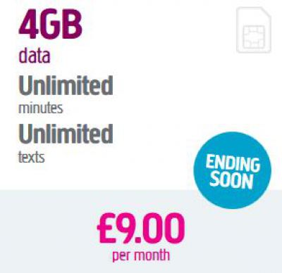 Karta SIM Plusnet z 4GB danych, umowa 30 dni za £9.00